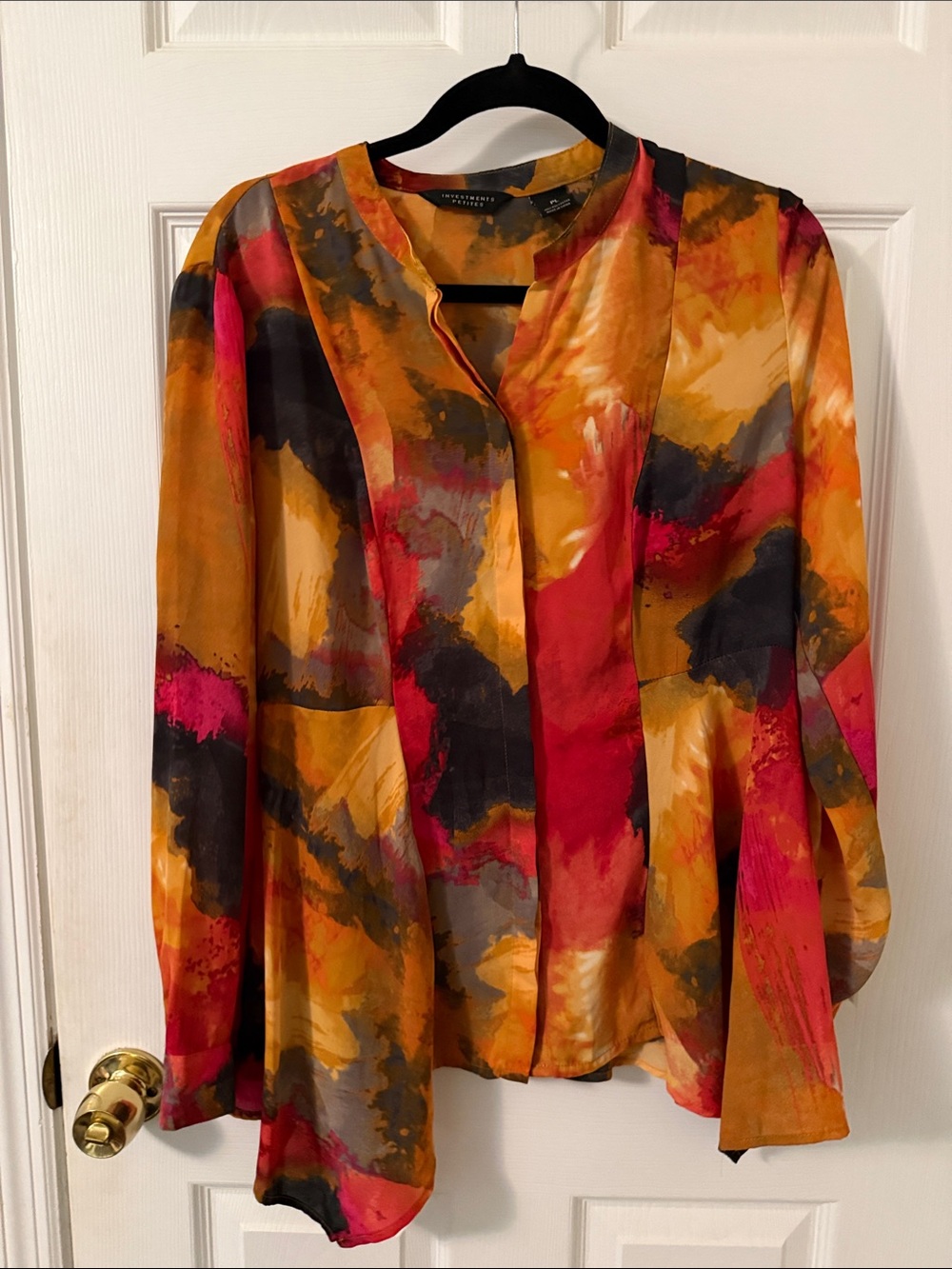 Investments Multicolor Abstract Watercolor Blouse - Red, Gold, Gray